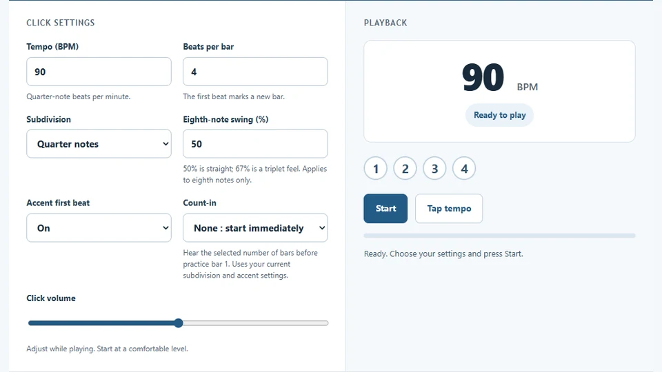 Online Metronome tempo and playback controls