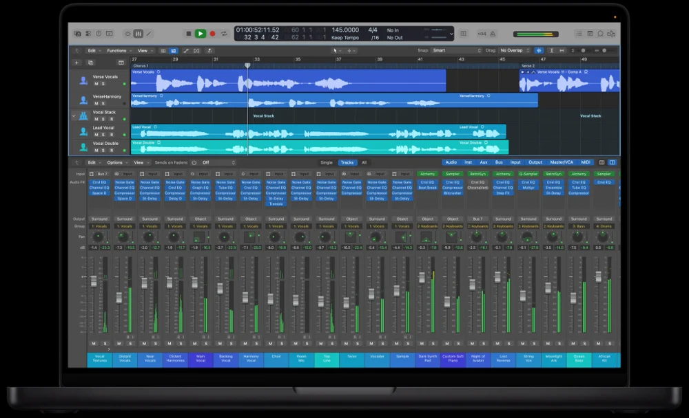 Logic Pro on Mac showing a multitrack session