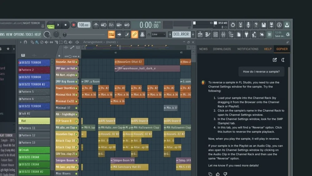 FL Studio workspace with the Gopher assistant